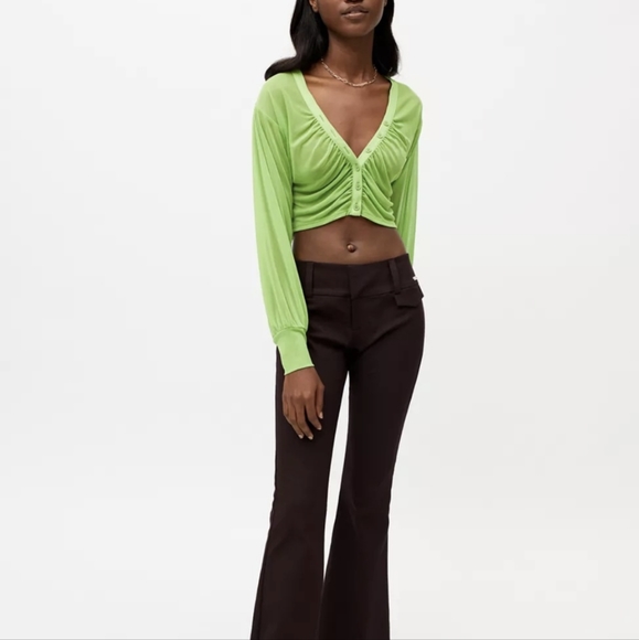 UO | Ruched Mesh Lime Green Blouse - Picture 3 of 11